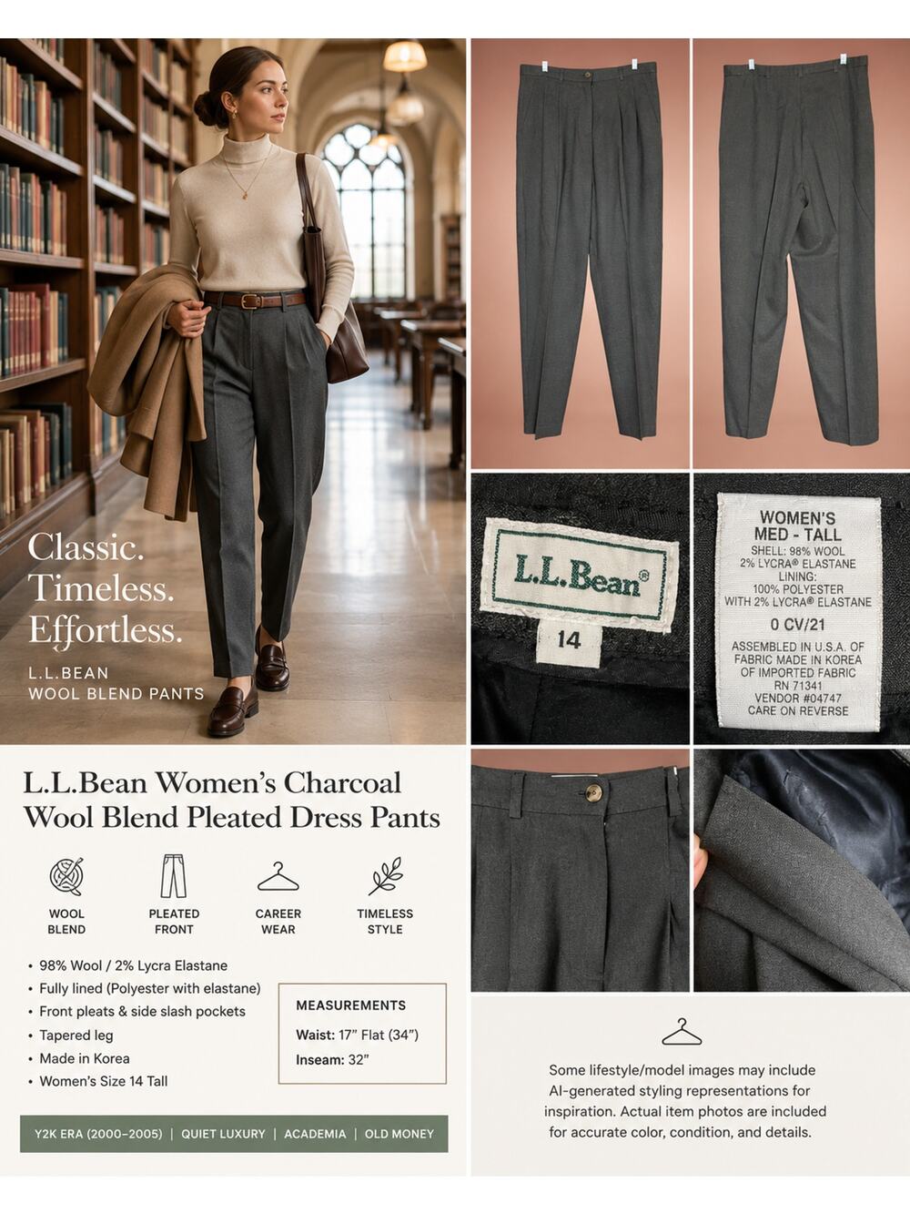 L.L.Bean Womens 14 Tall Brown Gray Heather Wool Blend Pleated Dress Pants 34x32